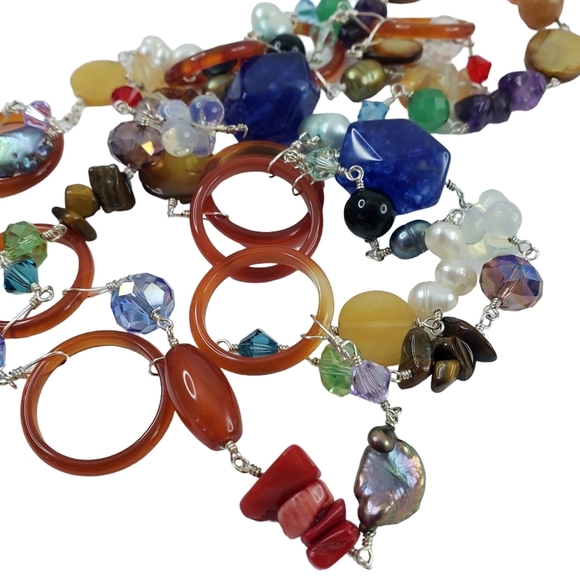 Long station necklace pearls carnelian lapis semi precious stones - Picture 4 of 8